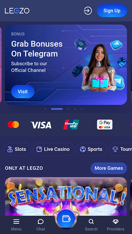 Página de inicio móvil del Casino Legzo