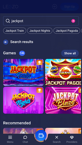 Jackpot móvil del casino Legzo