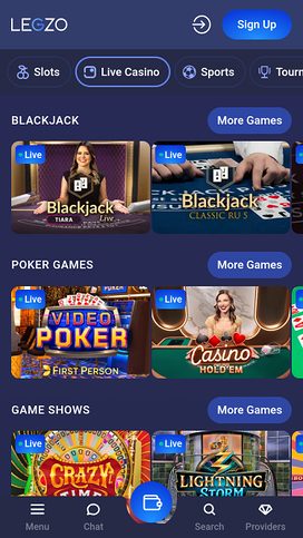 Casino móvil Legzo con crupier en vivo