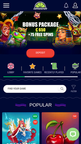 Limewin Casino Mobile Homepage