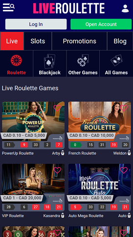 Live Roulette Casino Mobile Homepage