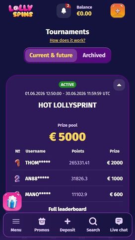 Torneos móviles de Lolly Spins Casino