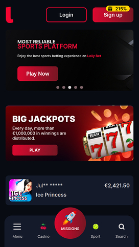 Página de inicio móvil del casino Lollybet