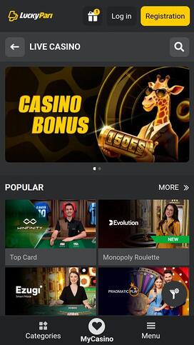 Página móvil del casino LuckyPari con crupier en vivo