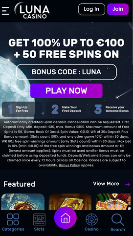 Luna Casino Mobile Homepage