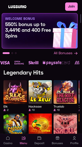 Lussurio Casino Mobile Homepage