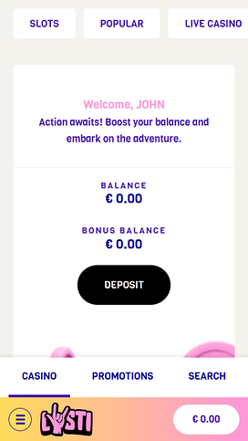 Lysti Casino Mobile Homepage