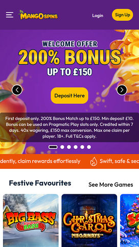 Mango Spins Casino Mobile Homepage