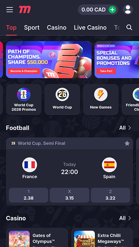 Página de inicio móvil del casino MarathonBet