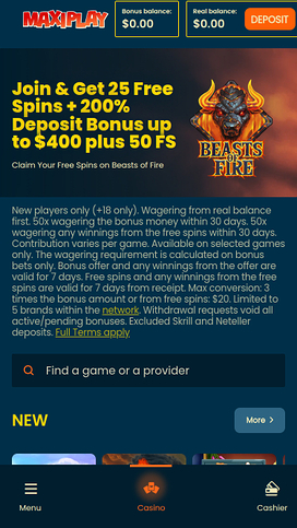 Maxiplay Casino Mobile Homepage