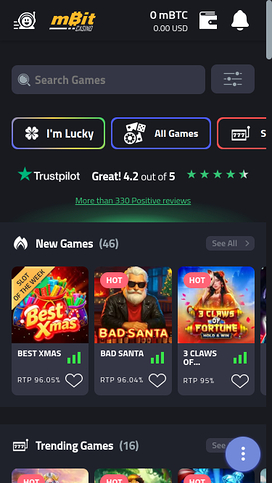 mBit Casino Mobile Homepage