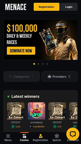 Menace Casino Homepage Mobile