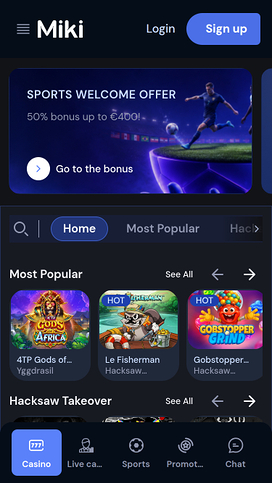 Página principal del Casino Miki móvil
