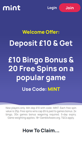 Mint Bingo Casino Mobile Promotions