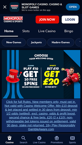 Monopoly Casino Mobile Homepage