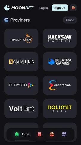 MoonBet Casino game developers mobile page