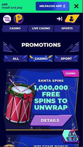 Promotions mobile page screenshot of MrPacho Casino