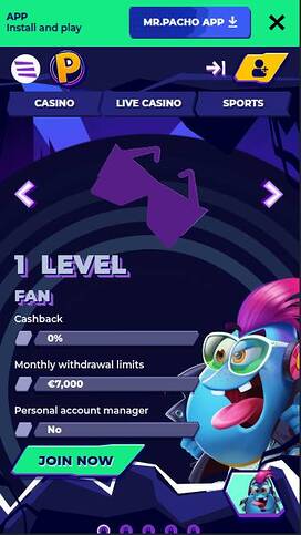 VIP mobile page screenshot of MrPacho Casino