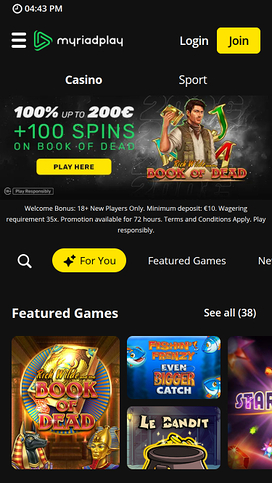 MyriadPlay Casino Mobile Homepage