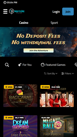 Neptune Play Casino Mobile Homepage
