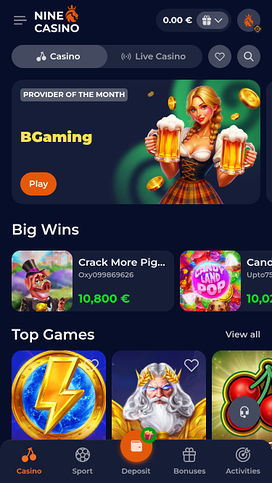 Nine Casino Mobile Homepage