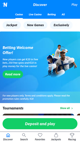 Nopeampi Casino Mobile Homepage