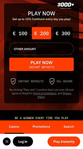 Nopein Casino Mobile Homepage