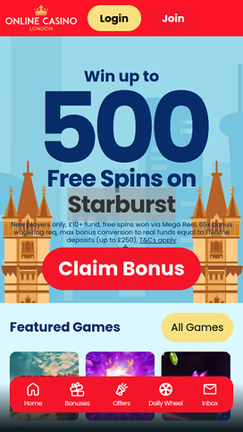 Online Casino London Mobile Homepage