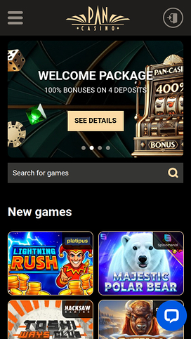 Pan Casino Mobile Homepage