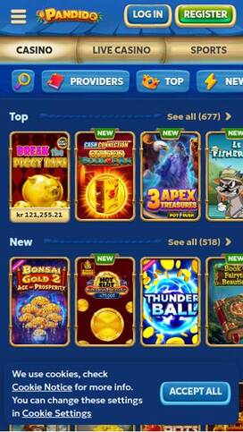 Games mobile page screenshot of Pandido Casino