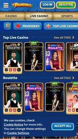 Live mobile page screenshot of Pandido Casino