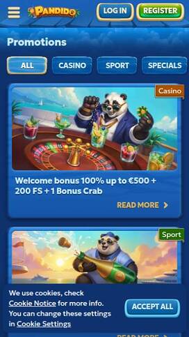 Promotions mobile page screenshot of Pandido Casino