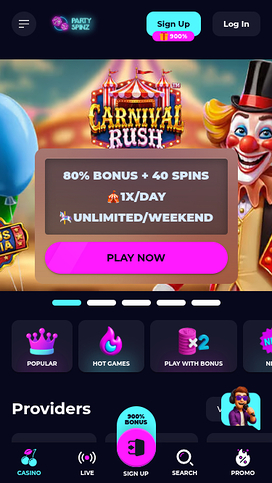 Homepage screenshot of PartySpinz Casino for Mobile