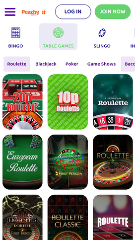 PeachyGames Casino Mobile Table Games