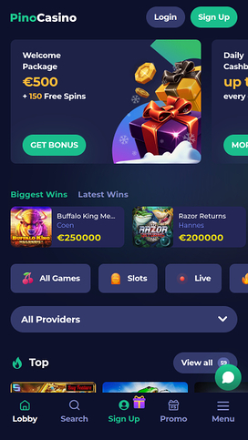 Pino Casino Mobile Homepage