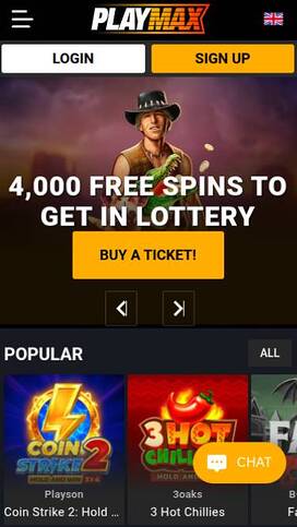 Mobile homepage screenshot of Playmax Casino