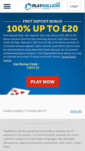 PlayMillion Casino Mobile Homepage