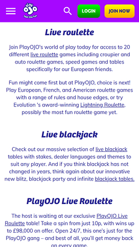 PlayOJO Casino Mobile Live Dealer