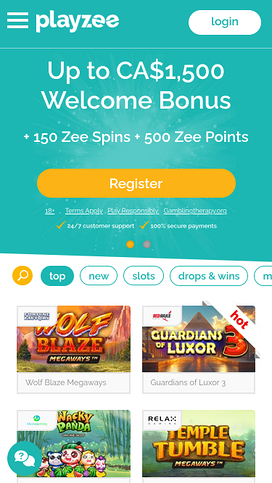 PlayZee Casino Mobile Homepage
