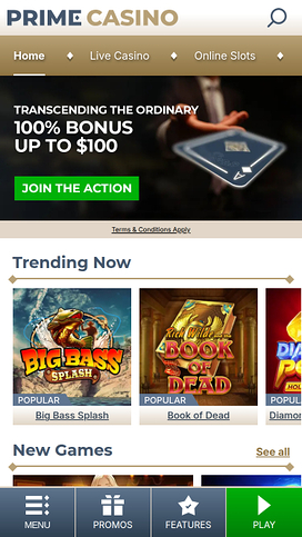 Prime Casino Mobile Homepage
