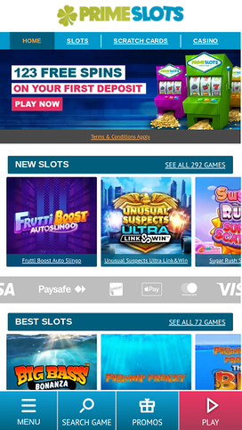 Prime Slots Mobile Homepage