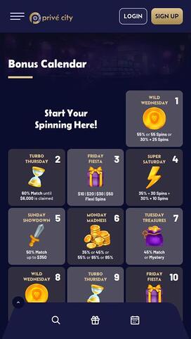Prive City Casino bonus calendar mobile page