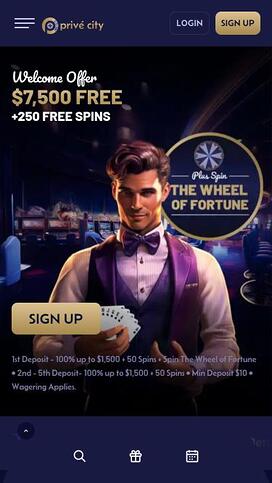 Prive City Casino mobile homepage