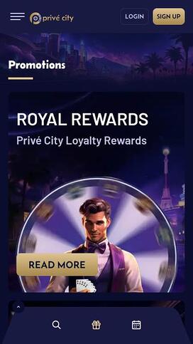 Prive City Casino promotions mobile page