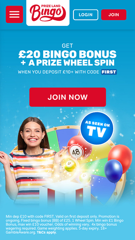 Prize Land Bingo Casino Mobile Homepage