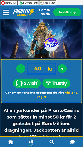 Pronto Casino Mobile Homepage