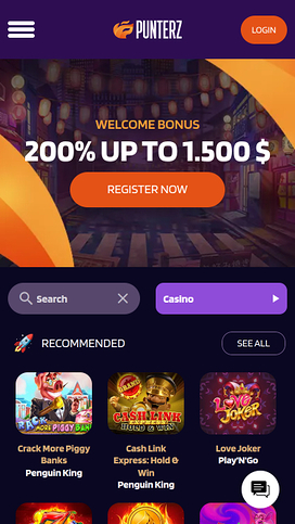 Página de inicio móvil del Casino Punterz