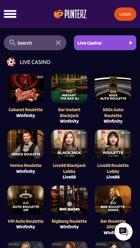 Casino móvil Punterz con crupier en vivo