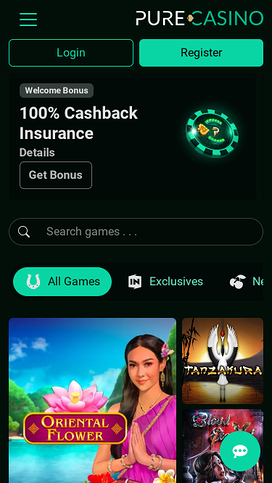 PureCasino Mobile Homepage