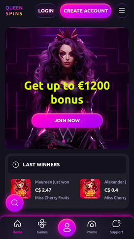 QueenSpins Casino Mobile Homepage